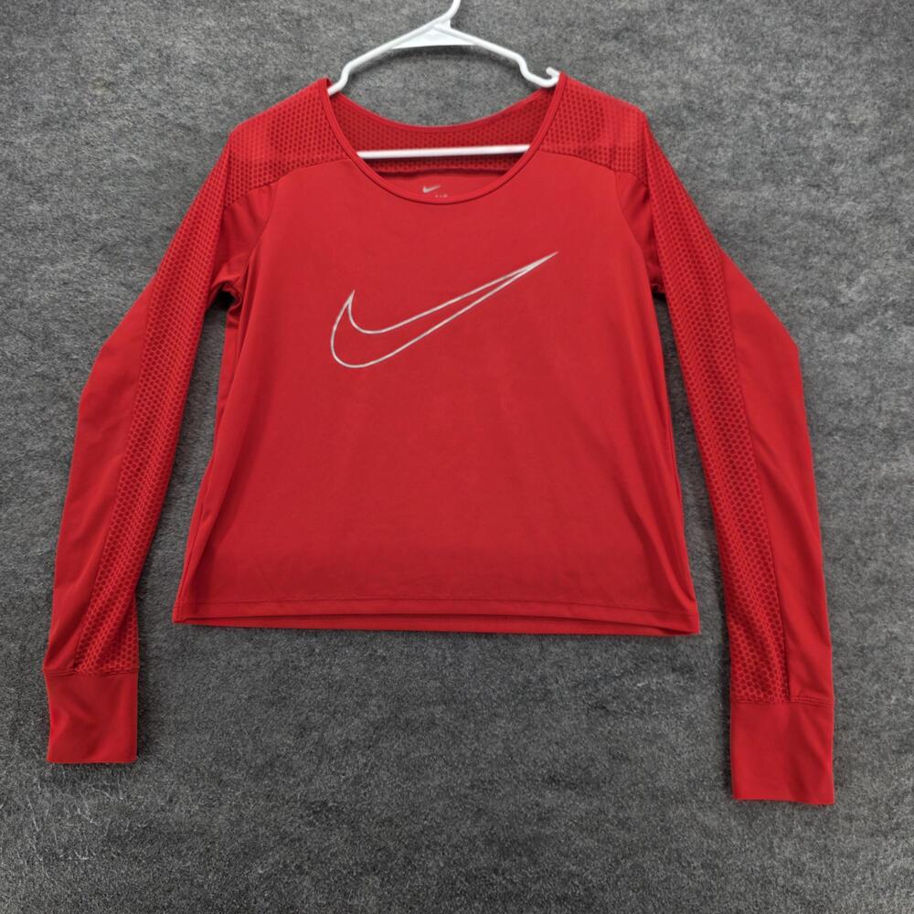 Nike Shirt Womens Small Red Dri-FIT Long Sleeve Running Mesh Thumbholes Athletic